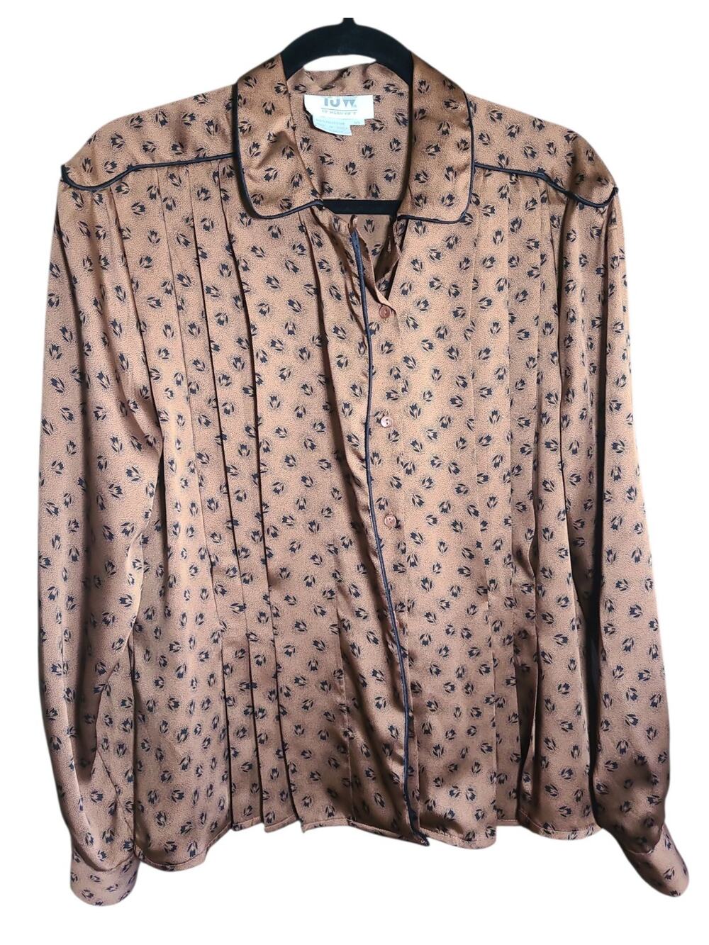 Vintage Womens Blouse SZ 10 Long Sl Button Up Brown/Black Secretary Grandmacore